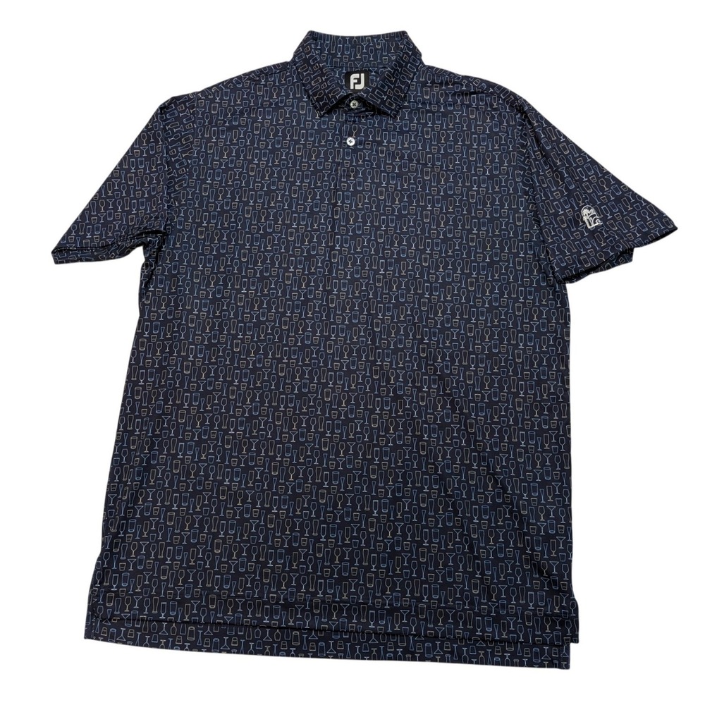 FootJoy Olympia Fields CC Golf Polo Mens L Navy Cocktail Glass Print Lisle